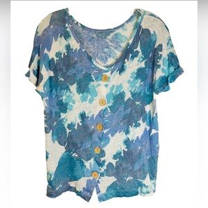 Cynthia Rowley 100% Linen Blue Floral Women’s Button‎ Up Blouse Tropical Luau S